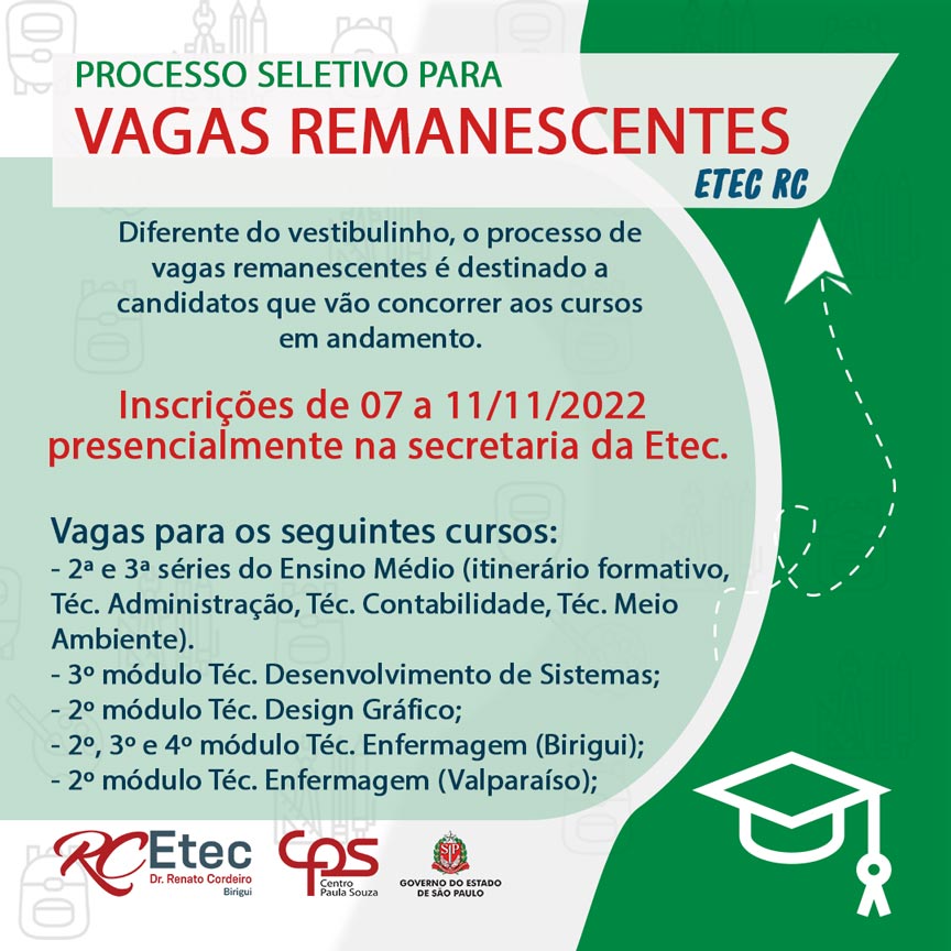 Vagas Remanescentes - 1º/2023 - Etec de Taboão da Serra